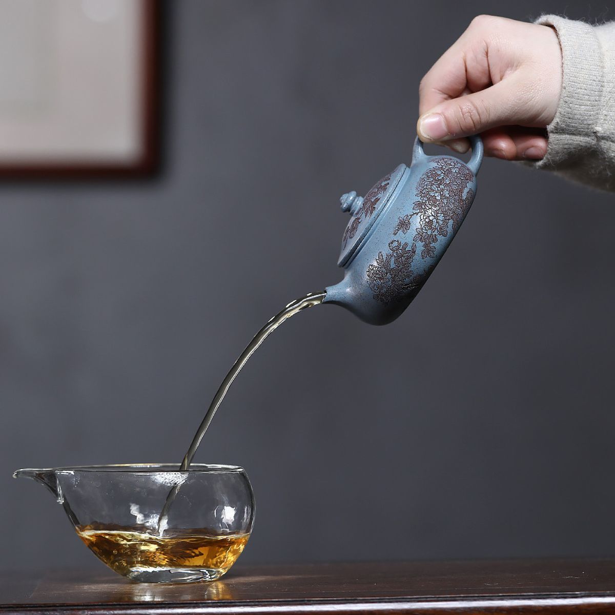 Yixing Zisha Teapot | Royal Blue Duan Ni with Hand-Engraved Peony | 180ml Gongfu Tea Pot