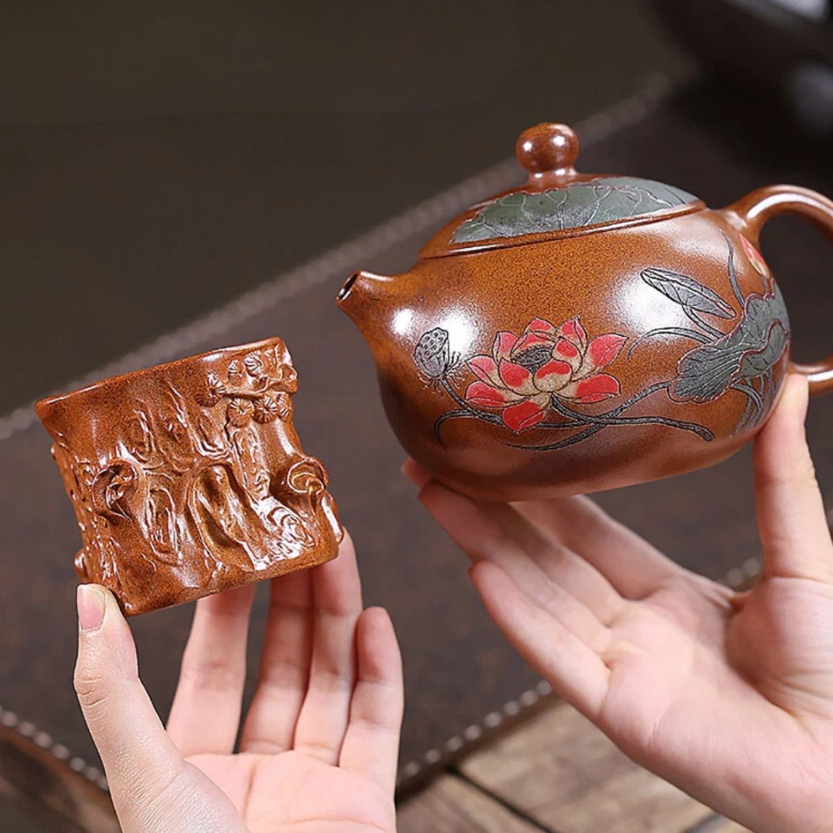 Hexiang Xishi Yixing Teapot & Master Cup Set — Fire-Glazed Golden Duanni, 450ml | Gift Set