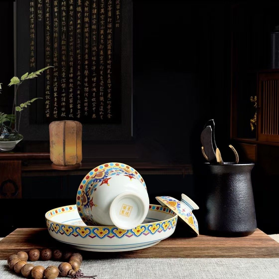 Jingdezhen Ying Luo Entangled Lotus 5-Piece Tea Set | High-Fire Porcelain | Gaiwan, Tray & Cups
