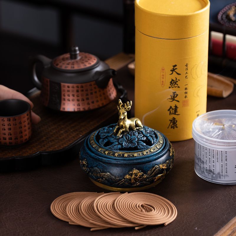 Golden Deer Coil Incense Burner Gift Set – Chinese Incense Ceremony Set with Sandalwood Coil Incense