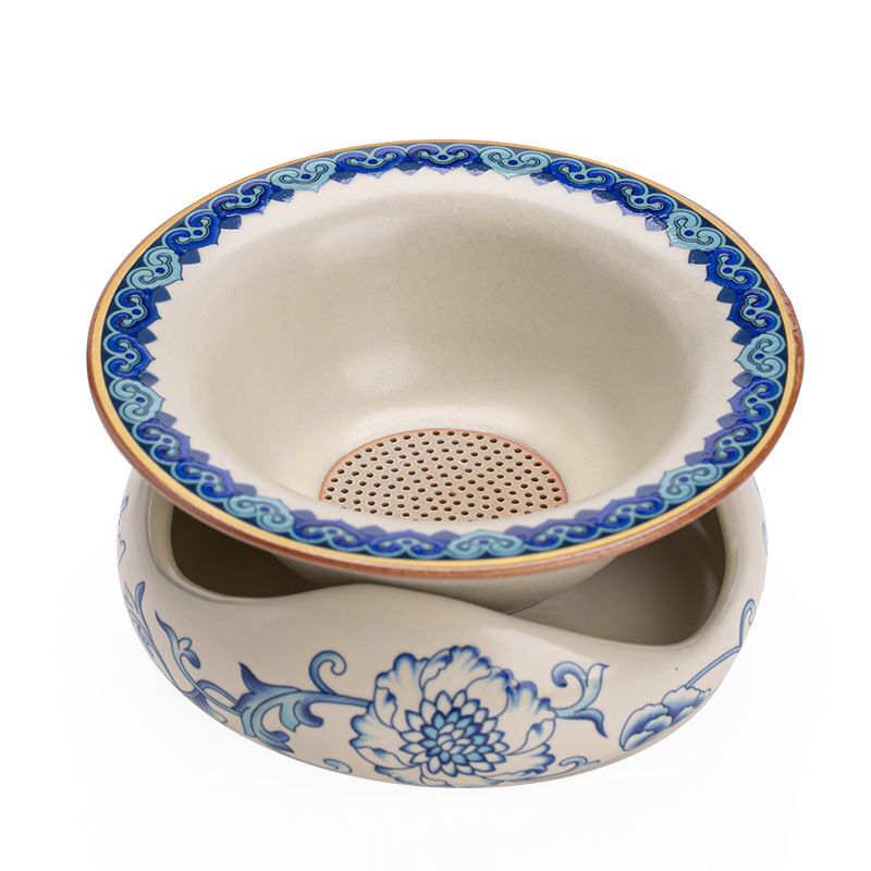 Song-Style Ru Ware Tea Strainer Set | Scrolling Lotus | Yellow & Cloud Glaze