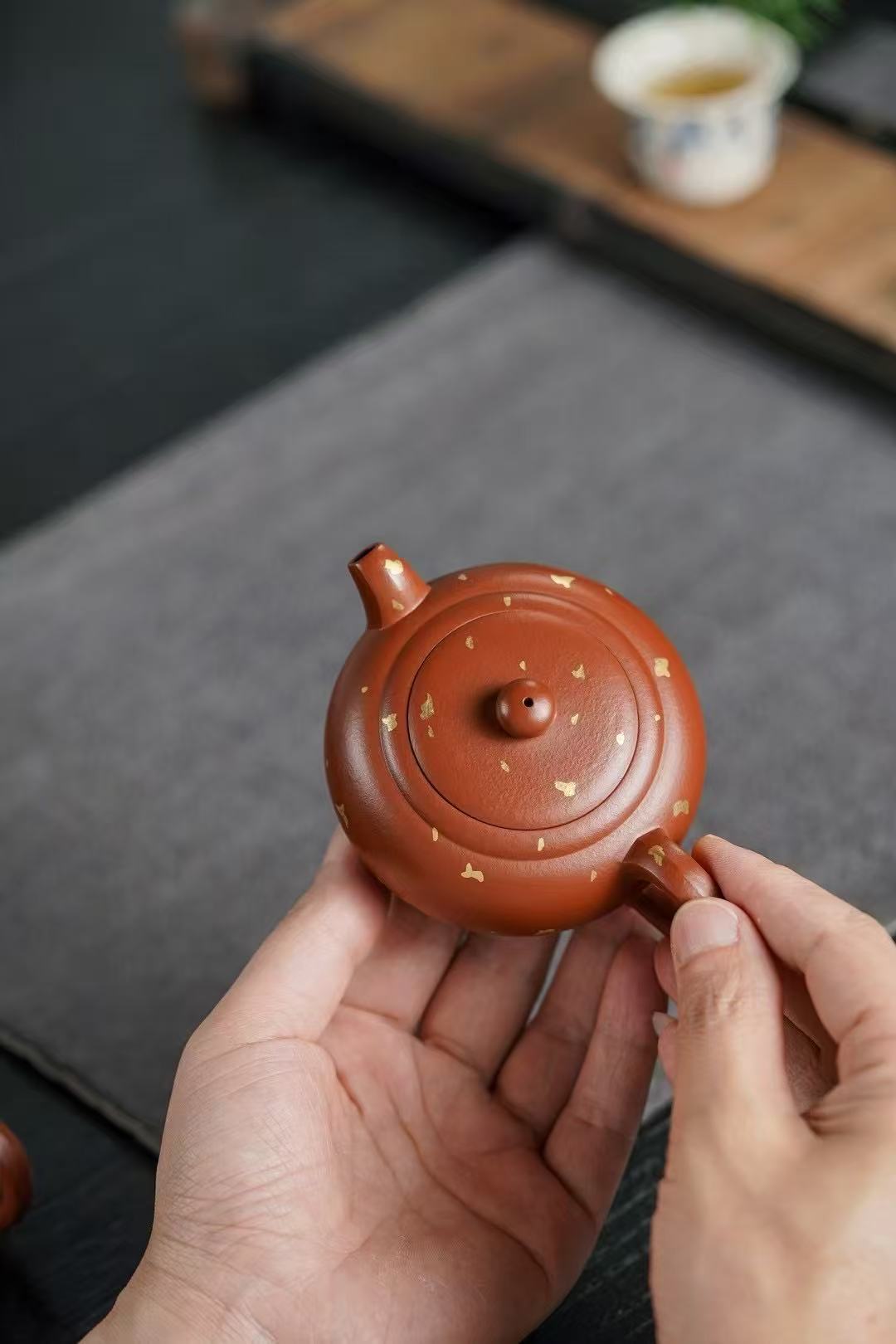 Premium Handcrafted Zisha Teapot – Vermilion Clay with Gold Leaf Accent (160ml)