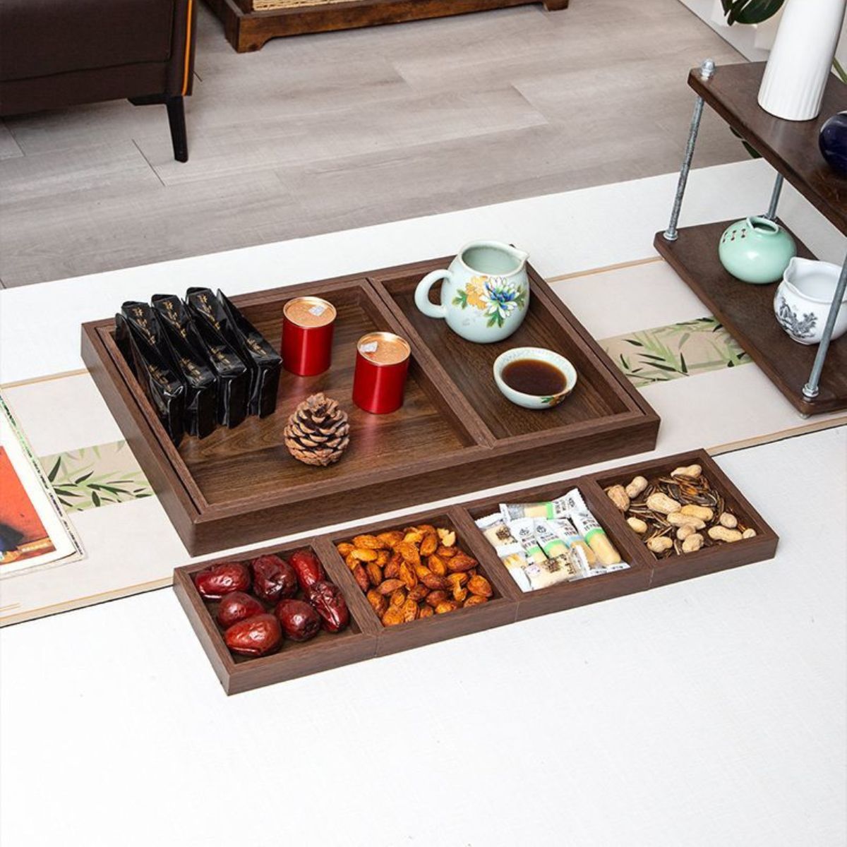 Chinese Tea Tray 7-Piece Serving Set – Multi-Compartment Snack & Dry Fruit Organizer