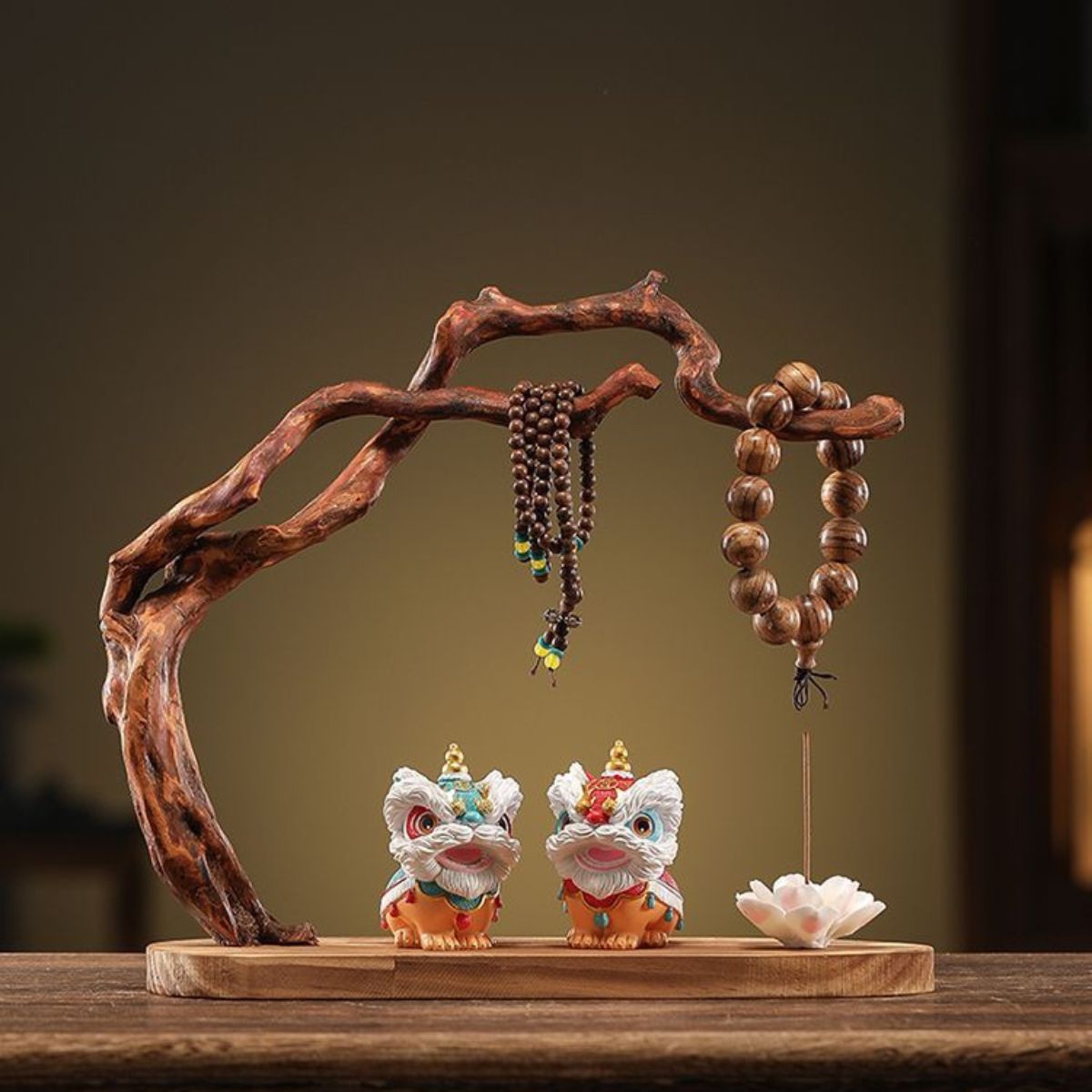 Solid Wood Root Carving Bracelet Display Stand Set – with Lion Figurine & Lotus Incense Holder