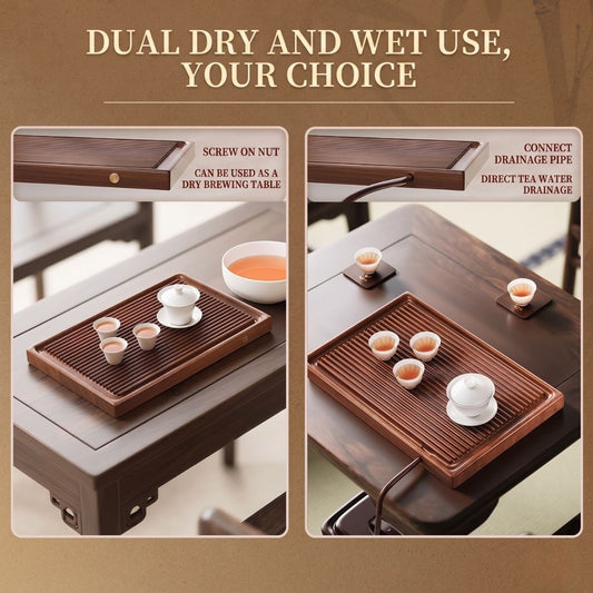 KAMJOVE Heavy Bamboo Tea Tray – Dual-Use Dry & Wet Gongfu Tea Board | 40×26cm