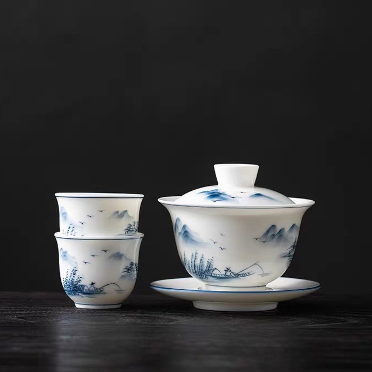 Jingdezhen Landscape Painting Gaiwan Tea Set