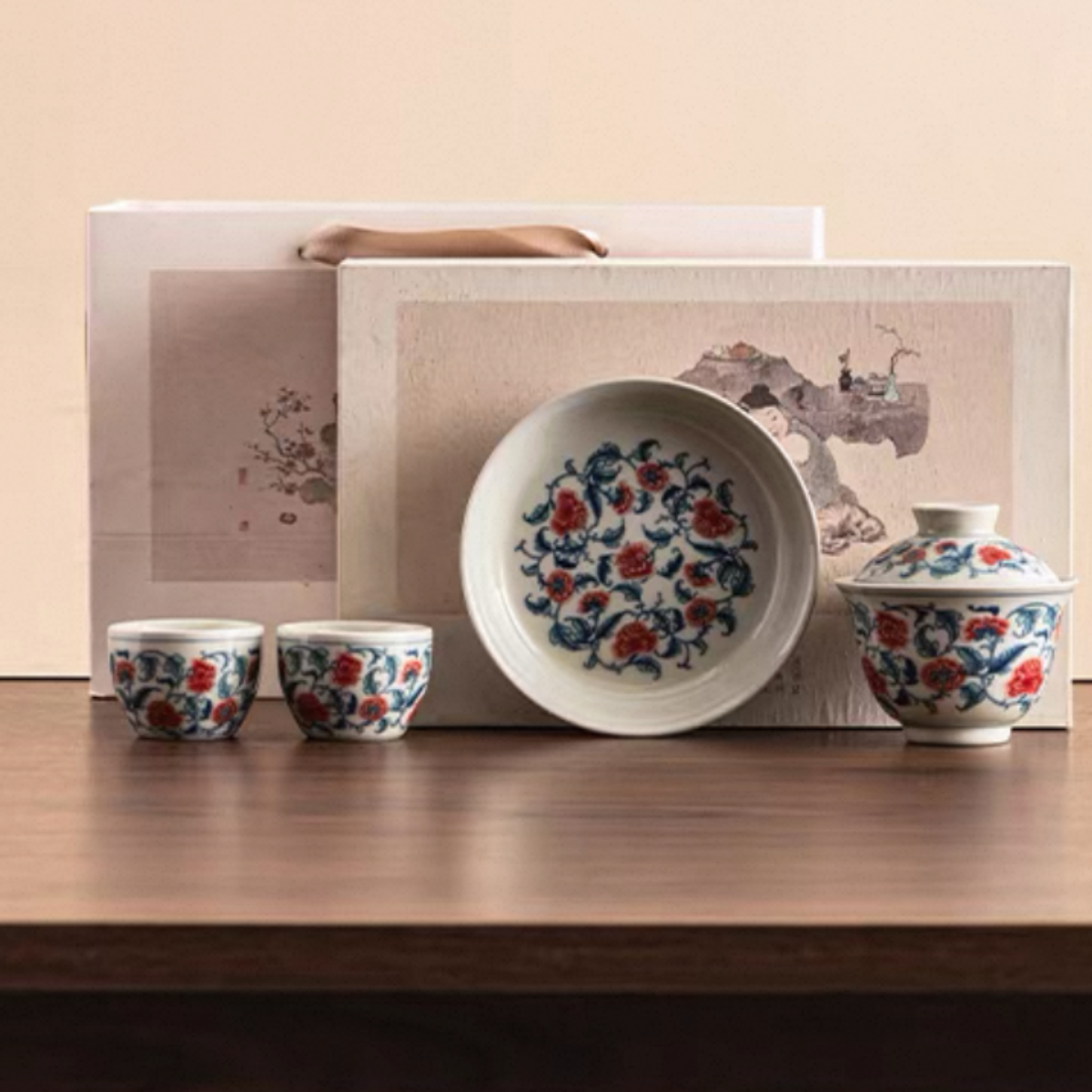 Blue and White Underglaze Red Peony Gaiwan Tea Set