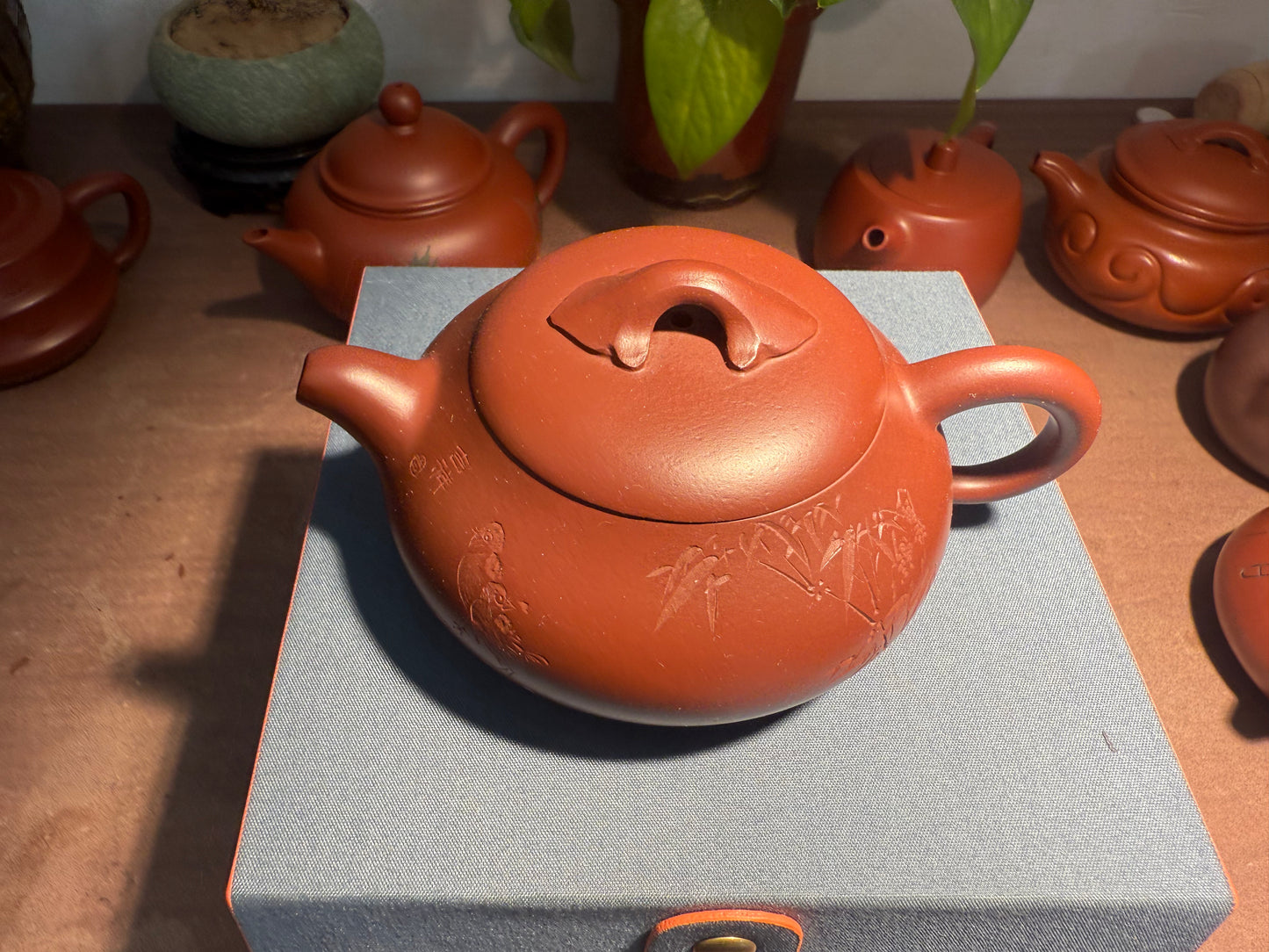 Yixing Semi-Handmade Purple Clay Teapot | Magpie & Bamboo Carving (Auspicious Design)220ml