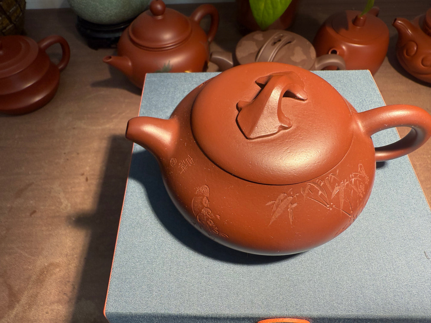 Yixing Semi-Handmade Purple Clay Teapot | Magpie & Bamboo Carving (Auspicious Design)220ml