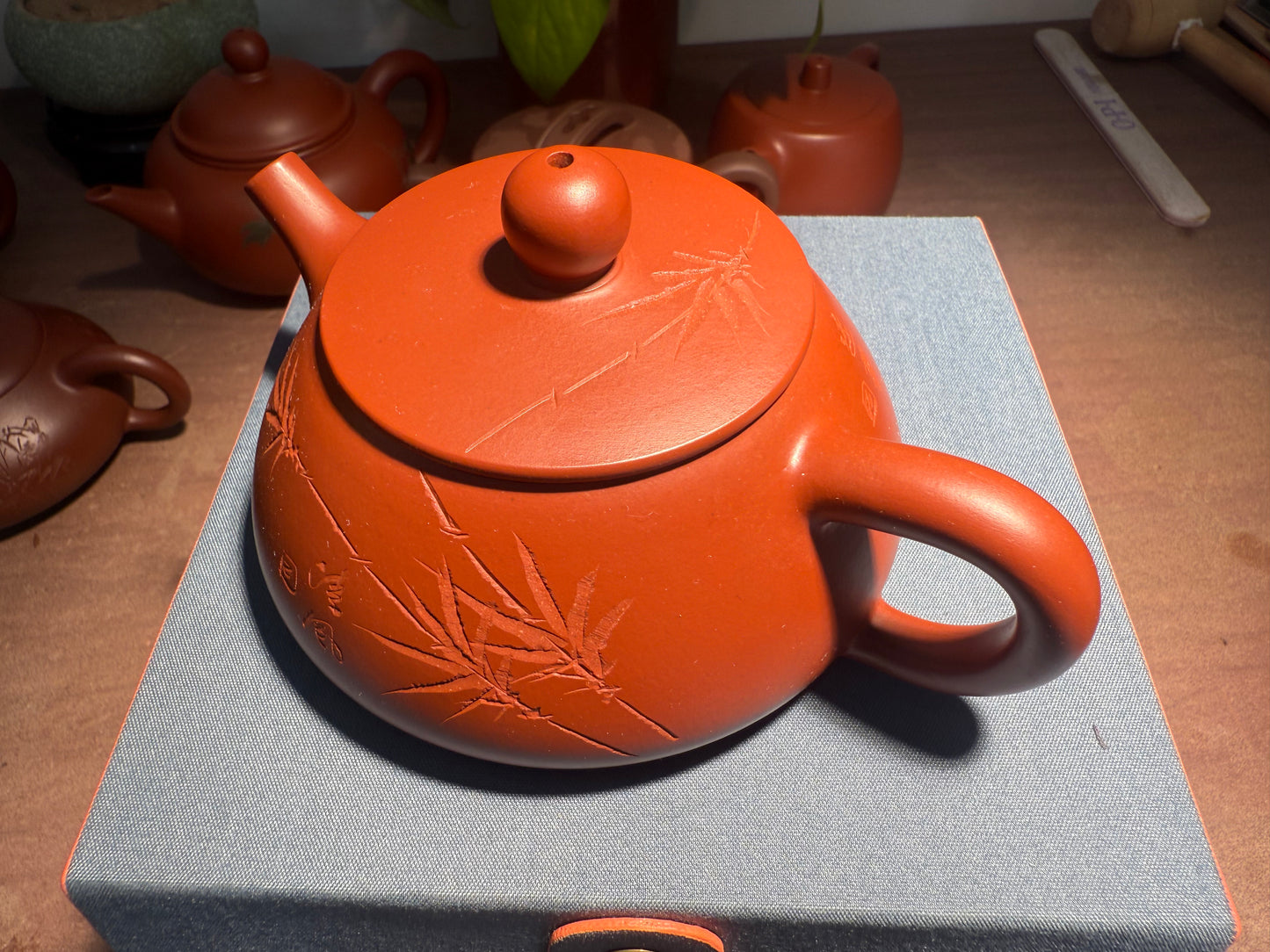 Yixing Semi-Handmade Purple Clay Teapot | Exquisite Bamboo Carving 220ml