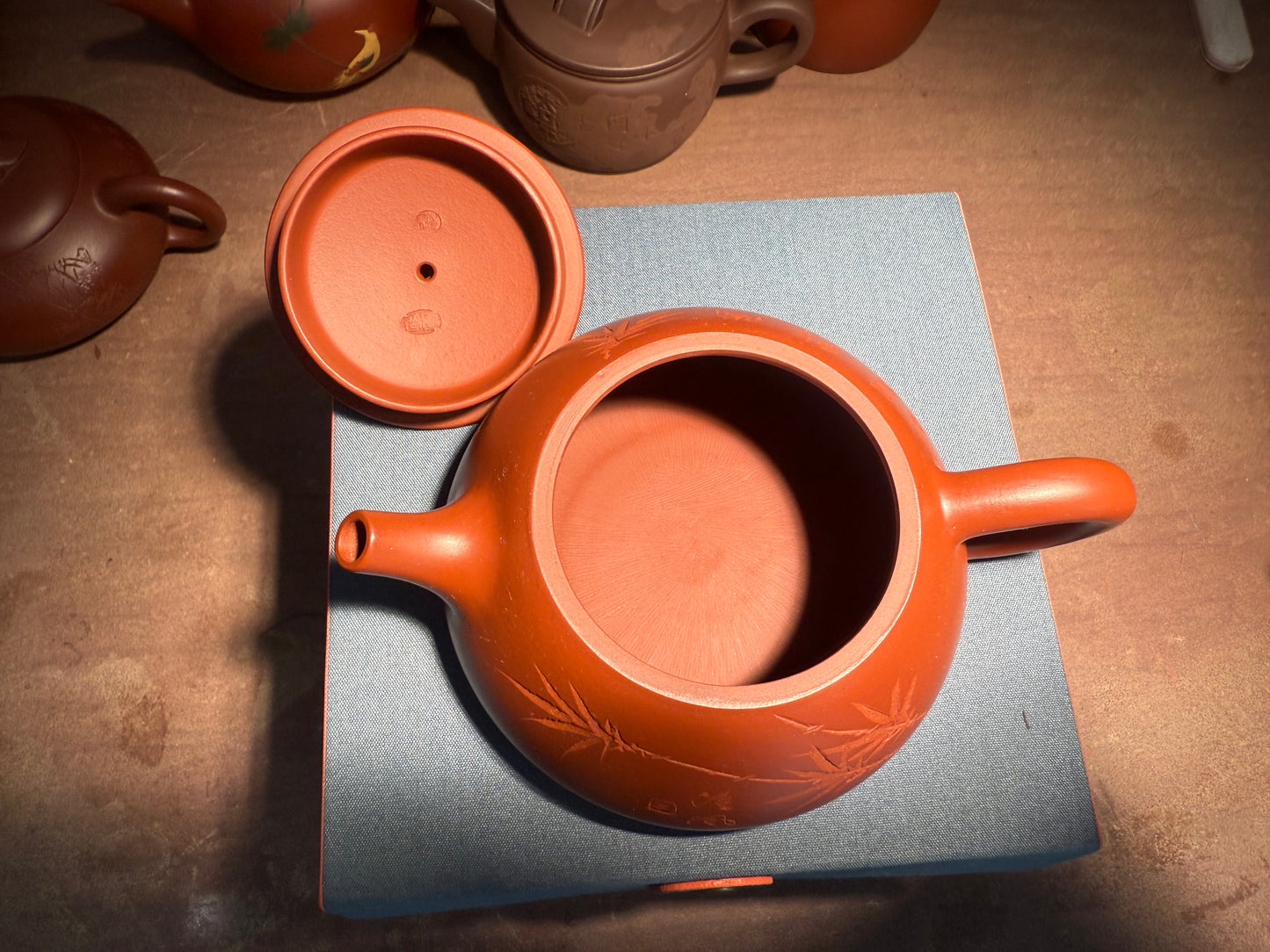 Yixing Semi-Handmade Purple Clay Teapot | Exquisite Bamboo Carving 220ml