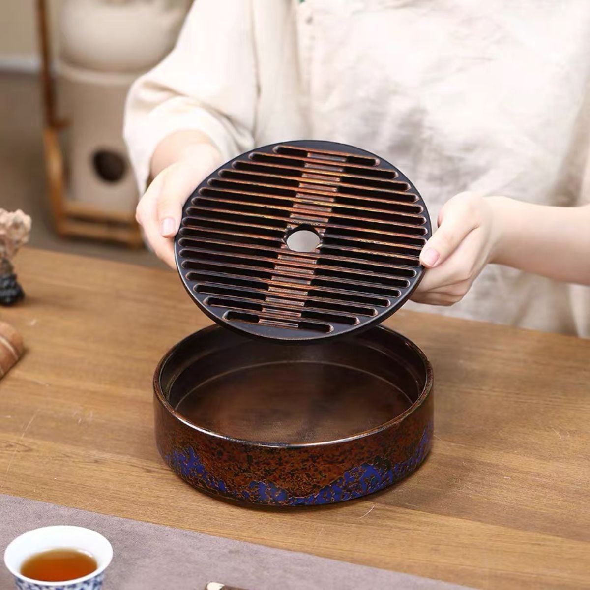 Intangible Heritage Hand-Painted Lacquer Tea Tray – Mini Dry Brewing Tray | 20×20×5cm