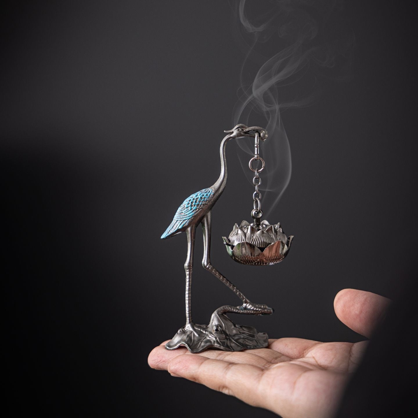 Antique Crane & Lotus Hanging Incense Burner Gift Set – Alloy Burner + 3 Varieties of Natural Incense (42 Pieces Each)