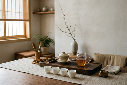 Chinese gongfu tea setting with a porcelain gaiwan, tasting cups and a wooden tea tray