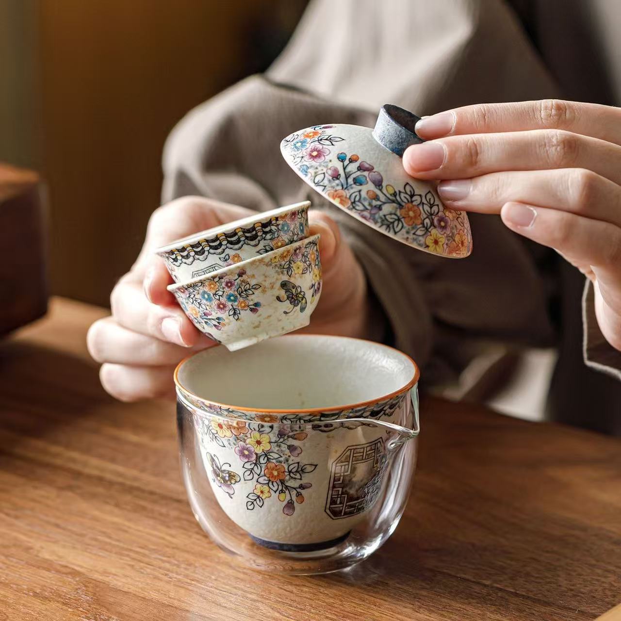 Qinghua Huoshi Hong Caramel Glaze Portable Travel Gaiwan Tea Set (Gaiwan 100ml + Pitcher 180ml + 2 Cups 20ml)