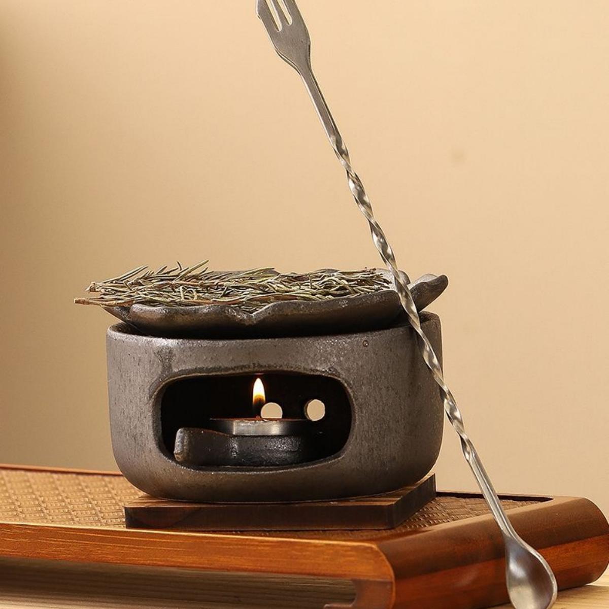 Tea Roasting & Incense Burner Set — Ceramic Dry-Heat Tea Warmer with Lotus Dish
