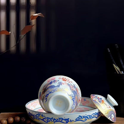 Jingdezhen Famille Rose Twin Dragon & Pearl Gongfu Tea Set – Fencai Porcelain | 5-Piece