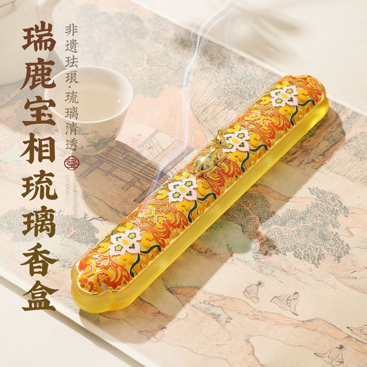 Cloisonné Amber Glass Stick Incense Box – Enamel & Glass | 25.5cm × 4.5cm × 5.5cm