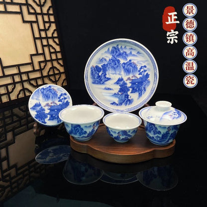 Jingdezhen Blue & White Landscape Gongfu Tea Set – Underglaze Porcelain | 5-Piece