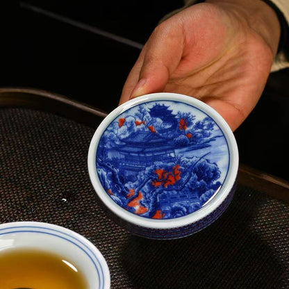 Jingdezhen Blue & White Underglaze Red Jiangnan Landscape Gongfu Tea Set – Master-Painted | Luxury Gift Box | 5-Piece