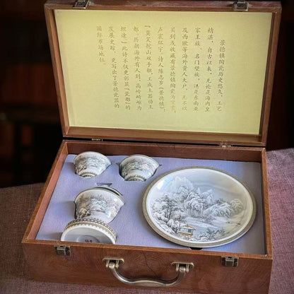 Jingdezhen Ink Wash Snow Landscape Gongfu Tea Set – Mò Cǎi Xuě Jǐng | Gift Box | 5-Piece