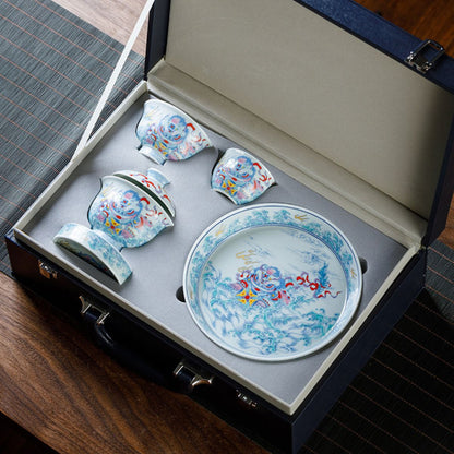 Jingdezhen Doucai Awakening Lion Gongfu Tea Set – 5-Piece Gift Box | Qicheng Tang