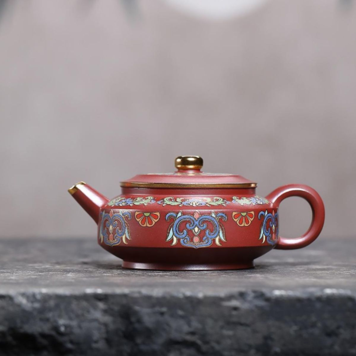 Yixing Purple Clay Teapot "Enamel Zhou Pan" 220ml - Red Dragon Skin Clay with Enamel Painting