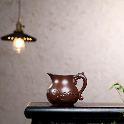 Handmade Yixing Purple Clay Fair Cup 330ml - Dahongpao Dragon Pattern Carved Tea Pitcher