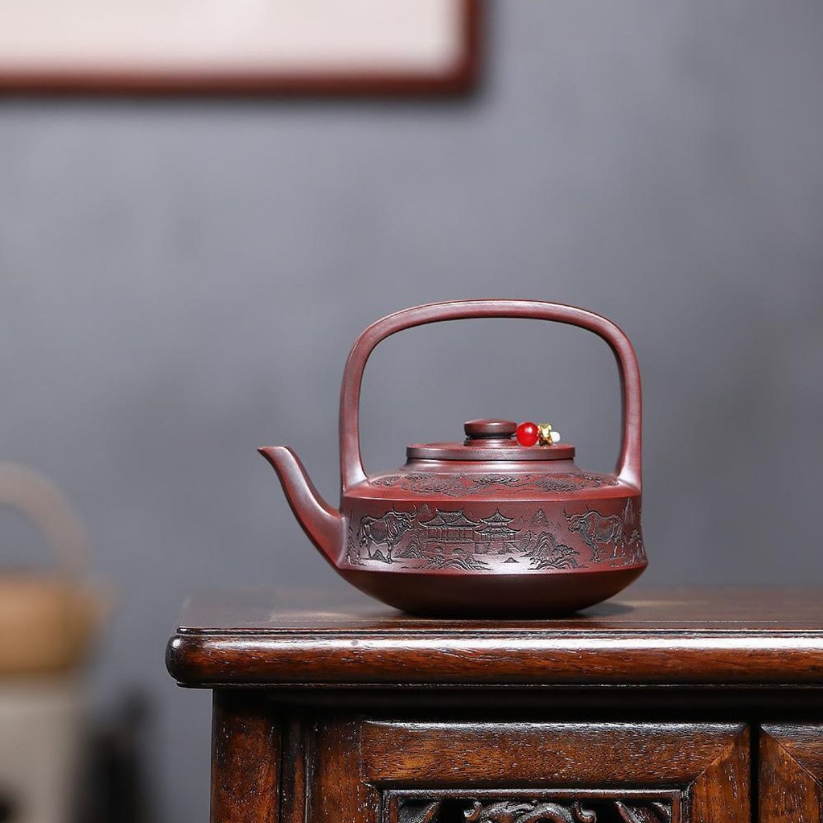 Soaring Bull Spirit Handled Yixing Teapot - Ancient Black Clay 300ml