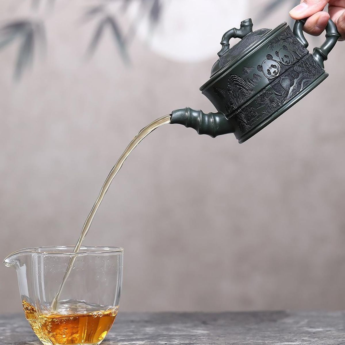Handmade Yixing Purple Clay Teapot 260ml - Original Dark Green Clay Panda Bamboo Zisha Gongfu Tea Pot