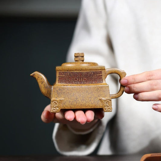 Dragon Bone Square Vessel Yixing Teapot - Wood-Fired Longgu Golden Sand 260ml