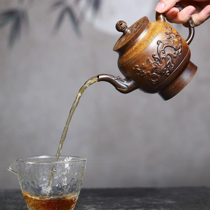 Handmade Yixing Purple Clay Teapot 420ml - Wood-Fired Dragon Bone Gold Sand Palace Lantern Gongfu Tea Pot