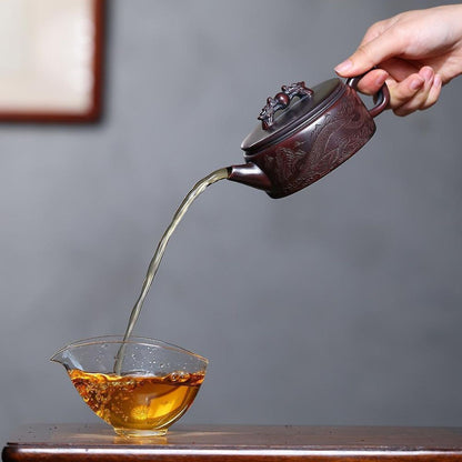 Shuang Long Xi Zhu Yixing Teapot | Raw Gu Wu Ni Ancient Dark Clay | Handcrafted 260ml