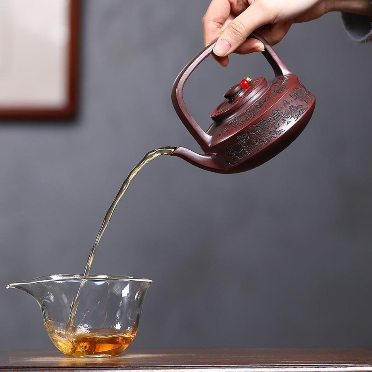 Soaring Bull Spirit Handled Yixing Teapot - Ancient Black Clay 300ml