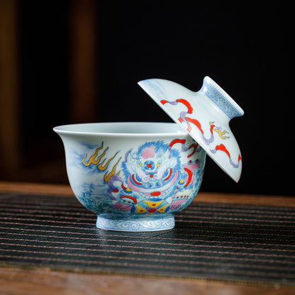 Jingdezhen Doucai Awakening Lion Gongfu Tea Set – 5-Piece Gift Box | Qicheng Tang