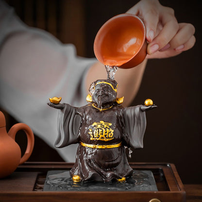 Gold-Accented Caishen Zisha Tea Pet – God of Wealth