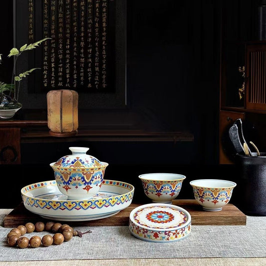 Jingdezhen Ying Luo Entangled Lotus 5-Piece Tea Set | High-Fire Porcelain | Gaiwan, Tray & Cups