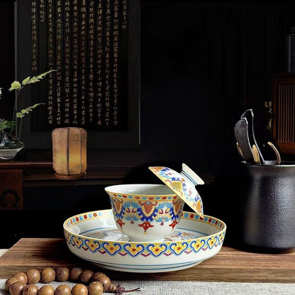 Jingdezhen Ying Luo Entangled Lotus 5-Piece Tea Set | High-Fire Porcelain | Gaiwan, Tray & Cups
