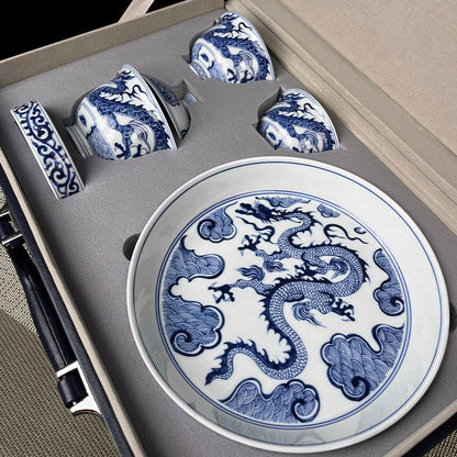 Jingdezhen Blue & White Dragon Gongfu Tea Set – Floral Dragon Porcelain | 5-Piece
