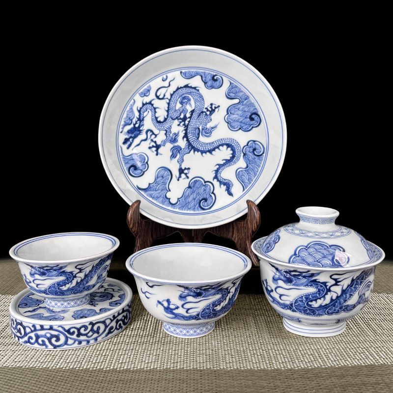 Jingdezhen Blue & White Dragon Gongfu Tea Set – Floral Dragon Porcelain | 5-Piece