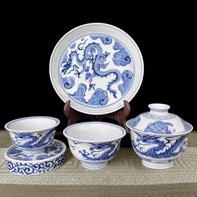 Jingdezhen Blue & White Dragon Gongfu Tea Set – Floral Dragon Porcelain | 5-Piece