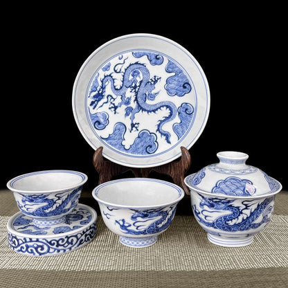 Jingdezhen Blue & White Dragon Gongfu Tea Set – Floral Dragon Porcelain | 5-Piece