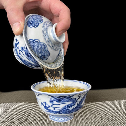 Jingdezhen Blue & White Dragon Gongfu Tea Set – Floral Dragon Porcelain | 5-Piece