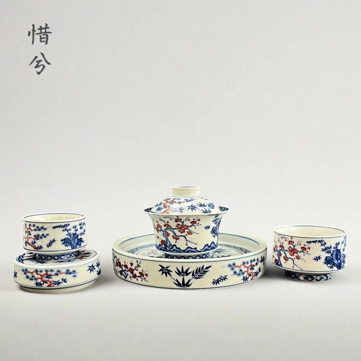 Jingdezhen Blue & White Underglaze Red Gongfu Tea Set – Pine, Bamboo & Plum | 5-Piece