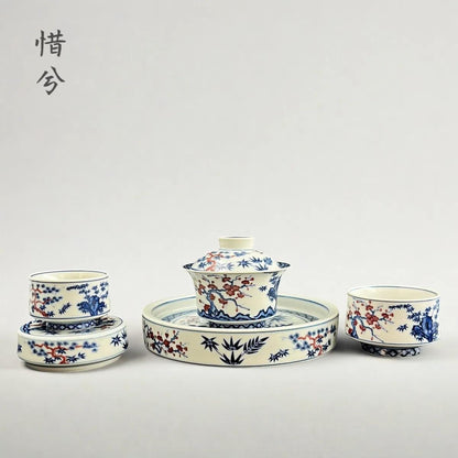 Jingdezhen Blue & White Underglaze Red Gongfu Tea Set – Pine, Bamboo & Plum | 5-Piece