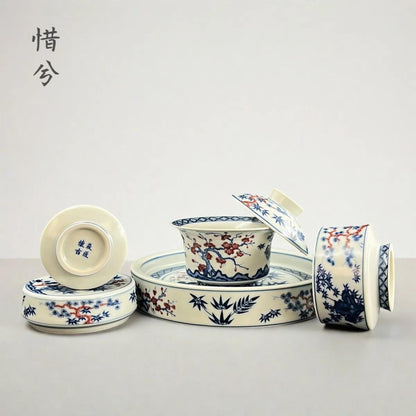 Jingdezhen Blue & White Underglaze Red Gongfu Tea Set – Pine, Bamboo & Plum | 5-Piece
