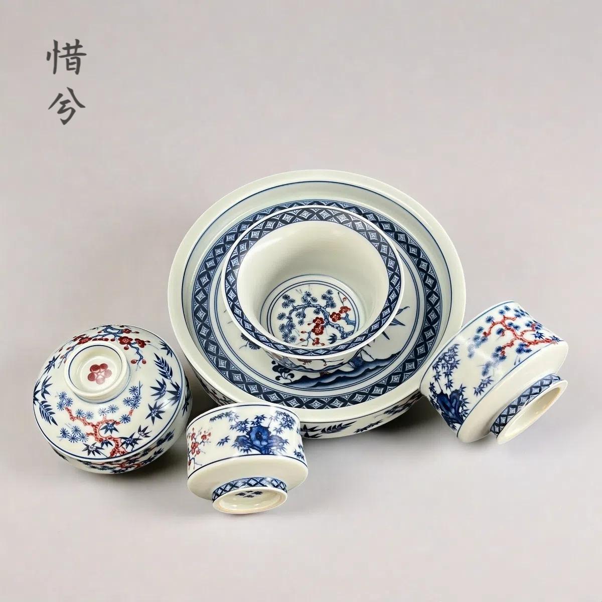 Jingdezhen Blue & White Underglaze Red Gongfu Tea Set – Pine, Bamboo & Plum | 5-Piece