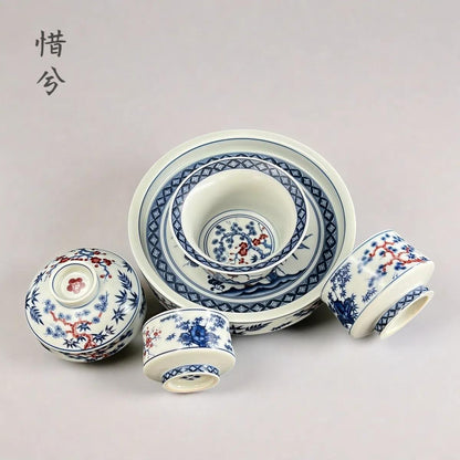 Jingdezhen Blue & White Underglaze Red Gongfu Tea Set – Pine, Bamboo & Plum | 5-Piece