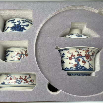 Jingdezhen Blue & White Underglaze Red Gongfu Tea Set – Pine, Bamboo & Plum | 5-Piece