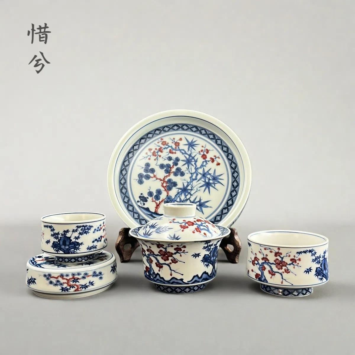 Jingdezhen Blue & White Underglaze Red Gongfu Tea Set – Pine, Bamboo & Plum | 5-Piece